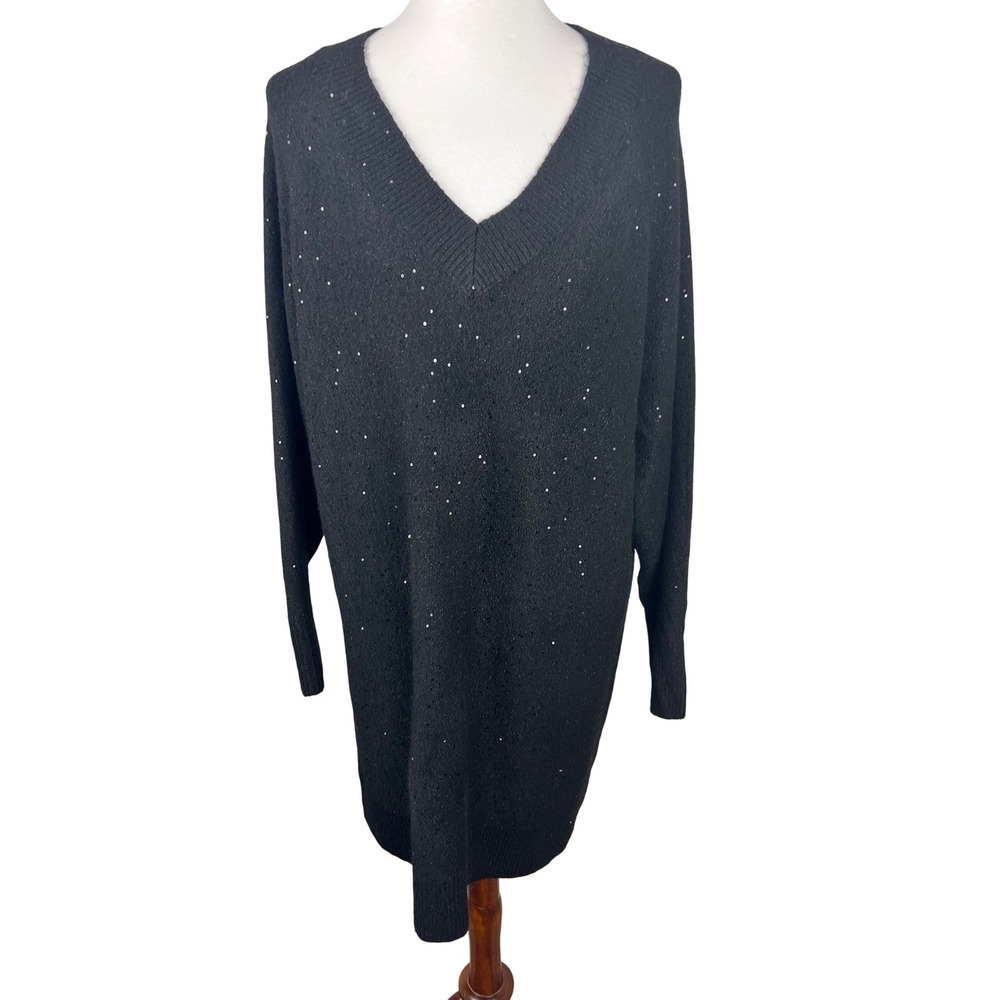 Primark Soft Cozy Black Sequin V Neck Sweater Dress Size M‎ - Fits Large